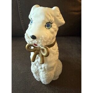 Vtg. 1950s I. W. & Co. Rice Dog Blue Eyes Porcelain Hand-Painted Vase Lamp Bow